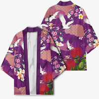 Hawaiian and Japanese Culture Together Kimono Purple Ohia Lehua Plumeria and Sakura Blooming - Polynesian Pride