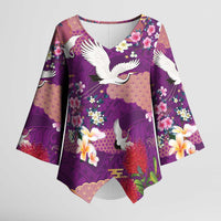 Hawaiian and Japanese Culture Together Kimono Sleeve Blouse Purple Ohia Lehua Plumeria and Sakura Blooming - Polynesian Pride