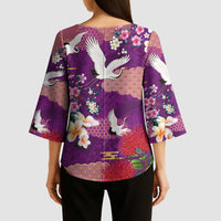 Hawaiian and Japanese Culture Together Kimono Sleeve Blouse Purple Ohia Lehua Plumeria and Sakura Blooming - Polynesian Pride