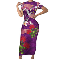 Hawaiian and Japanese Culture Together Short Sleeve Bodycon Dress Purple Ohia Lehua Plumeria and Sakura Blooming LT03 Long Dress Purple - Polynesian Pride