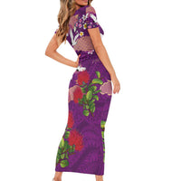 Hawaiian and Japanese Culture Together Short Sleeve Bodycon Dress Purple Ohia Lehua Plumeria and Sakura Blooming - Polynesian Pride