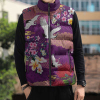Hawaiian and Japanese Culture Together Sleeveless Puffer Jacket Purple Ohia Lehua Plumeria and Sakura Blooming - Polynesian Pride
