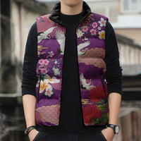 Hawaiian and Japanese Culture Together Sleeveless Puffer Jacket Purple Ohia Lehua Plumeria and Sakura Blooming - Polynesian Pride