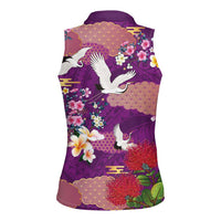 Hawaiian and Japanese Culture Together Women Sleeveless Polo Shirt Purple Ohia Lehua Plumeria and Sakura Blooming - Polynesian Pride