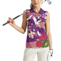 Hawaiian and Japanese Culture Together Women Sleeveless Polo Shirt Purple Ohia Lehua Plumeria and Sakura Blooming - Polynesian Pride