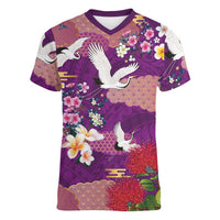 Hawaiian and Japanese Culture Together Women V-Neck T-Shirt Purple Ohia Lehua Plumeria and Sakura Blooming LT03 Female Purple - Polynesian Pride