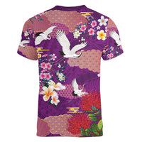 Hawaiian and Japanese Culture Together Women V-Neck T-Shirt Purple Ohia Lehua Plumeria and Sakura Blooming - Polynesian Pride