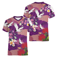 Hawaiian and Japanese Culture Together Women V-Neck T-Shirt Purple Ohia Lehua Plumeria and Sakura Blooming LT03 - Polynesian Pride