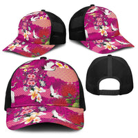 Hawaiian and Japanese Culture Together Baseball Net Cap Pink Ohia Lehua Plumeria and Sakura Blooming - Polynesian Pride