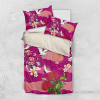 Hawaiian and Japanese Culture Together Bedding Set Pink Ohia Lehua Plumeria and Sakura Blooming - Polynesian Pride