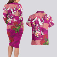 Hawaiian and Japanese Culture Together Couples Matching Long Sleeve Bodycon Dress and Hawaiian Shirt Pink Ohia Lehua Plumeria and Sakura Blooming LT03 - Polynesian Pride