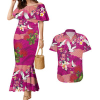Hawaiian and Japanese Culture Together Couples Matching Mermaid Dress and Hawaiian Shirt Pink Ohia Lehua Plumeria and Sakura Blooming LT03 Pink - Polynesian Pride