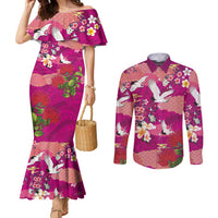 Hawaiian and Japanese Culture Together Couples Matching Mermaid Dress and Long Sleeve Button Shirt Pink Ohia Lehua Plumeria and Sakura Blooming - Polynesian Pride
