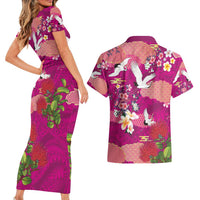 Hawaiian and Japanese Culture Together Couples Matching Short Sleeve Bodycon Dress and Hawaiian Shirt Pink Ohia Lehua Plumeria and Sakura Blooming LT03 - Polynesian Pride