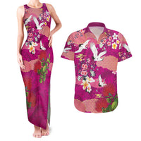 Hawaiian and Japanese Culture Together Couples Matching Tank Maxi Dress and Hawaiian Shirt Pink Ohia Lehua Plumeria and Sakura Blooming - Polynesian Pride