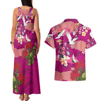 Hawaiian and Japanese Culture Together Couples Matching Tank Maxi Dress and Hawaiian Shirt Pink Ohia Lehua Plumeria and Sakura Blooming LT03 - Polynesian Pride