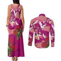 Hawaiian and Japanese Culture Together Couples Matching Tank Maxi Dress and Long Sleeve Button Shirt Pink Ohia Lehua Plumeria and Sakura Blooming - Polynesian Pride