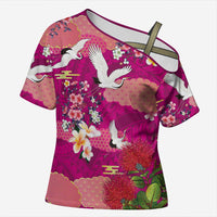 Hawaiian and Japanese Culture Together Cross Shoulder Shirt Pink Ohia Lehua Plumeria and Sakura Blooming LT03 Female Pink - Polynesian Pride