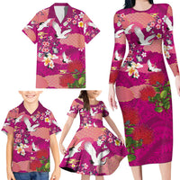 Hawaiian and Japanese Culture Together Family Matching Long Sleeve Bodycon Dress and Hawaiian Shirt Pink Ohia Lehua Plumeria and Sakura Blooming LT03 - Polynesian Pride