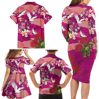 Hawaiian and Japanese Culture Together Family Matching Long Sleeve Bodycon Dress and Hawaiian Shirt Pink Ohia Lehua Plumeria and Sakura Blooming LT03 - Polynesian Pride
