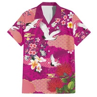 Hawaiian and Japanese Culture Together Family Matching Long Sleeve Bodycon Dress and Hawaiian Shirt Pink Ohia Lehua Plumeria and Sakura Blooming LT03 Dad's Shirt - Short Sleeve Pink - Polynesian Pride