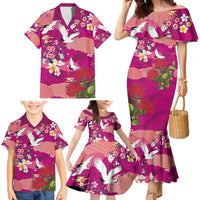Hawaiian and Japanese Culture Together Family Matching Mermaid Dress and Hawaiian Shirt Pink Ohia Lehua Plumeria and Sakura Blooming - Polynesian Pride