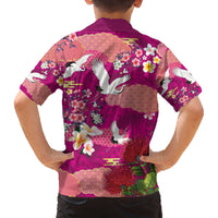Hawaiian and Japanese Culture Together Family Matching Off The Shoulder Long Sleeve Dress and Hawaiian Shirt Pink Ohia Lehua Plumeria and Sakura Blooming - Polynesian Pride