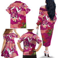 Hawaiian and Japanese Culture Together Family Matching Off The Shoulder Long Sleeve Dress and Hawaiian Shirt Pink Ohia Lehua Plumeria and Sakura Blooming - Polynesian Pride