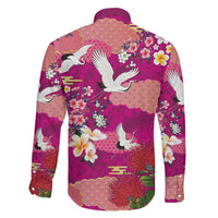 Hawaiian and Japanese Culture Together Family Matching Off The Shoulder Long Sleeve Dress and Hawaiian Shirt Pink Ohia Lehua Plumeria and Sakura Blooming LT03 - Polynesian Pride