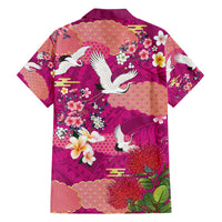 Hawaiian and Japanese Culture Together Family Matching Off Shoulder Maxi Dress and Hawaiian Shirt Pink Ohia Lehua Plumeria and Sakura Blooming - Polynesian Pride