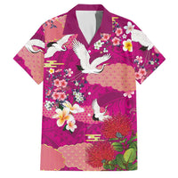 Hawaiian and Japanese Culture Together Family Matching Off Shoulder Short Dress and Hawaiian Shirt Pink Ohia Lehua Plumeria and Sakura Blooming LT03 Dad's Shirt - Short Sleeve Pink - Polynesian Pride