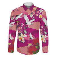 Hawaiian and Japanese Culture Together Family Matching Off Shoulder Short Dress and Hawaiian Shirt Pink Ohia Lehua Plumeria and Sakura Blooming LT03 Dad's Shirt - Long Sleeve Pink - Polynesian Pride