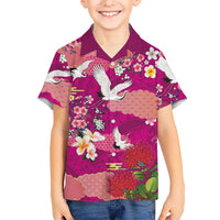 Hawaiian and Japanese Culture Together Family Matching Off Shoulder Short Dress and Hawaiian Shirt Pink Ohia Lehua Plumeria and Sakura Blooming LT03 Son's Shirt Pink - Polynesian Pride