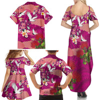Hawaiian and Japanese Culture Together Family Matching Summer Maxi Dress and Hawaiian Shirt Pink Ohia Lehua Plumeria and Sakura Blooming - Polynesian Pride
