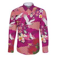 Hawaiian and Japanese Culture Together Family Matching Summer Maxi Dress and Hawaiian Shirt Pink Ohia Lehua Plumeria and Sakura Blooming LT03 Dad's Shirt - Long Sleeve Pink - Polynesian Pride