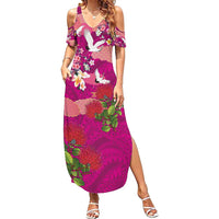 Hawaiian and Japanese Culture Together Family Matching Summer Maxi Dress and Hawaiian Shirt Pink Ohia Lehua Plumeria and Sakura Blooming - Polynesian Pride