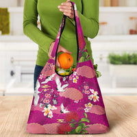 Hawaiian and Japanese Culture Together Grocery Bag Pink Ohia Lehua Plumeria and Sakura Blooming - Polynesian Pride
