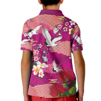 Hawaiian and Japanese Culture Together Kid Polo Shirt Pink Ohia Lehua Plumeria and Sakura Blooming - Polynesian Pride