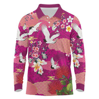 Hawaiian and Japanese Culture Together Long Sleeve Polo Shirt Pink Ohia Lehua Plumeria and Sakura Blooming - Polynesian Pride