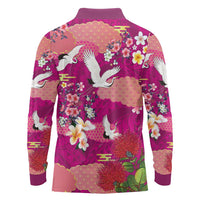 Hawaiian and Japanese Culture Together Long Sleeve Polo Shirt Pink Ohia Lehua Plumeria and Sakura Blooming - Polynesian Pride