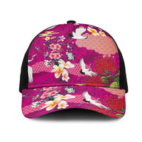 Hawaiian and Japanese Culture Together Mesh Trucker Cap Pink Ohia Lehua Plumeria and Sakura Blooming - Polynesian Pride