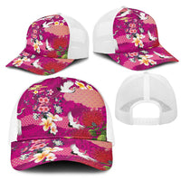 Hawaiian and Japanese Culture Together Mesh Trucker Cap Pink Ohia Lehua Plumeria and Sakura Blooming - Polynesian Pride