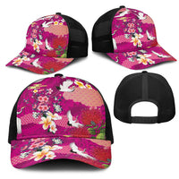 Hawaiian and Japanese Culture Together Mesh Trucker Cap Pink Ohia Lehua Plumeria and Sakura Blooming - Polynesian Pride