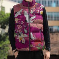 Hawaiian and Japanese Culture Together Sleeveless Puffer Jacket Pink Ohia Lehua Plumeria and Sakura Blooming - Polynesian Pride