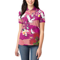 Hawaiian and Japanese Culture Together Women Polo Shirt Pink Ohia Lehua Plumeria and Sakura Blooming LT03 - Polynesian Pride