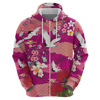 Hawaiian and Japanese Culture Together Zip Hoodie Pink Ohia Lehua Plumeria and Sakura Blooming - Polynesian Pride