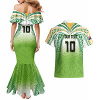 Custom Cook Islands Rugby League Couples Matching Mermaid Dress and Hawaiian Shirt Tatau Tribal Motifs-Light Green Color LT03 - Polynesian Pride