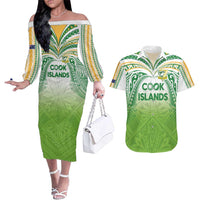 Custom Cook Islands Rugby League Couples Matching Off The Shoulder Long Sleeve Dress and Hawaiian Shirt Tatau Tribal Motifs-Light Green Color - Polynesian Pride