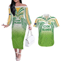 Custom Cook Islands Rugby League Couples Matching Off The Shoulder Long Sleeve Dress and Hawaiian Shirt Tatau Tribal Motifs-Light Green Color LT03 Green - Polynesian Pride
