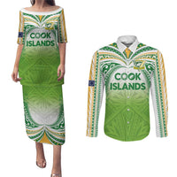 Custom Cook Islands Rugby League Couples Matching Puletasi and Long Sleeve Button Shirt Tatau Tribal Motifs-Light Green Color - Polynesian Pride